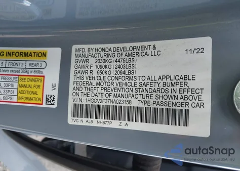 2022 Honda Accord Sport 2.0T from USA, damaged, VIN 1HGCV2F37NA023158